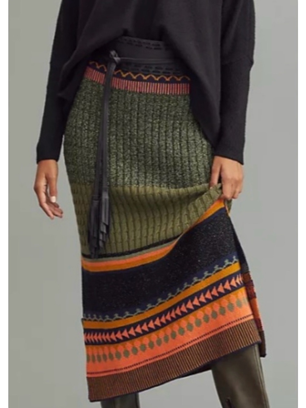 Knit Midi Skirt with Patterned Trim - Olive & Black